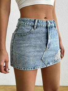 Fusta de denim casual, de epocă, spălată, împodobită cu strasuri, cu talie joasă, pentru femei - Spălare ușoară - Vizualizare 3