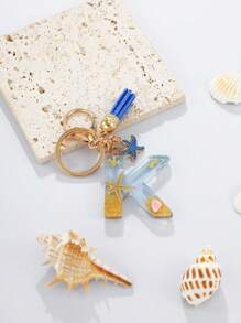 1pc A-Z English Letter Keychain, Resin Drop Glue Oceanic Elements Letter Pendant Keychain For Girls, Summer Starfish, Seashell Decor Random Color Children Bag Accessories