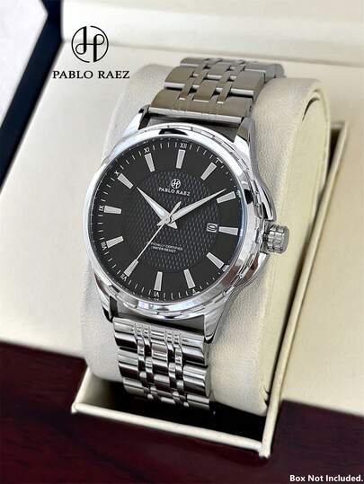 Pablo Raez 1pc Men's Exquisite Wristwatch, High-Quality AAA Grade Popular Brand, Brand New Luxury IPS Silver-Plated Dial, Stainless Steel Case, 50m Water Resistant, Minimalist Calendar, Men's Solid Steel Metal Casual Fashion Quartz Watch, Luminous Hands, Roman Numerals And Bar Markers, Black Premium Business Wristwatch, Suitable For Daily Wear, Birthday Gift For Father Or Male Friends.