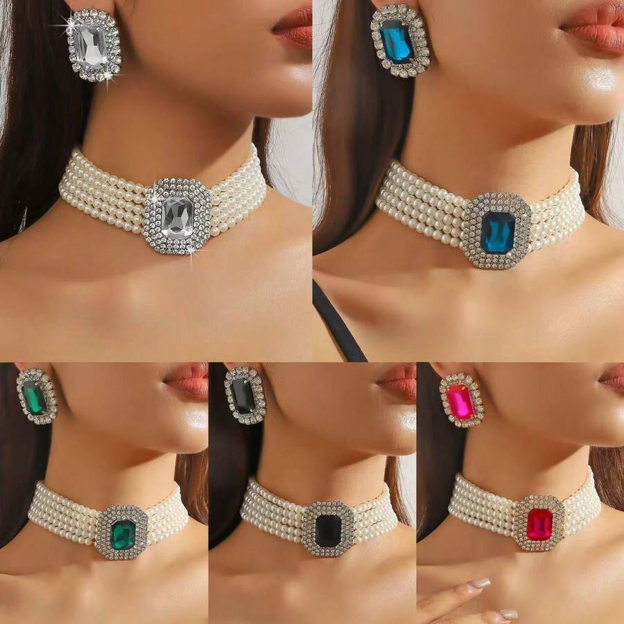 1 Set Women's Rhinestone Pearl Jewelry Necklace & Earrings Set - Green - View 1