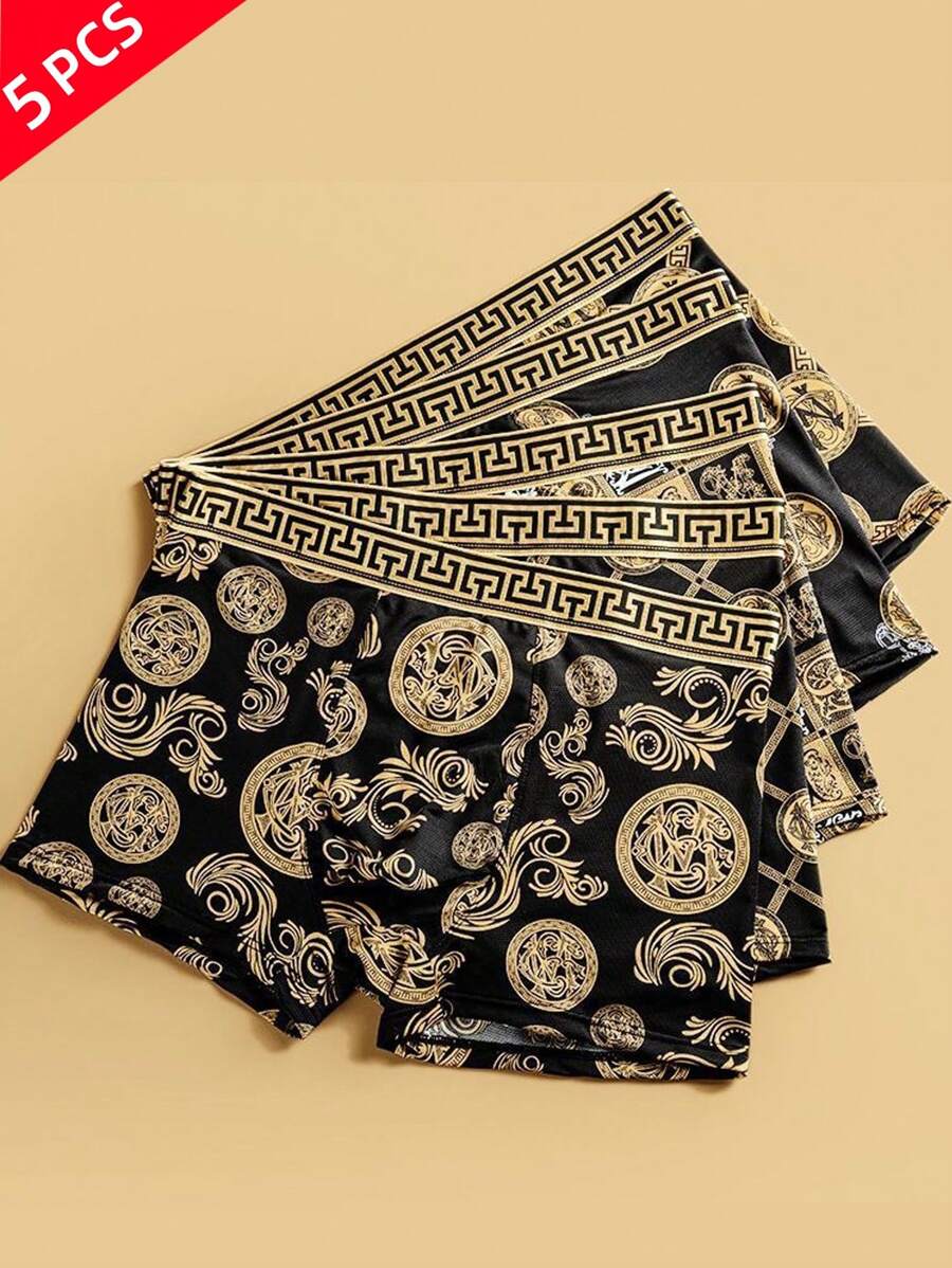 Set de 5 piezas de ropa interior de hombre en negro y dorado, calzoncillos tipo bóxer y shorts casuales, shorts cómodos y elásticos, adecuados para un estilo casual