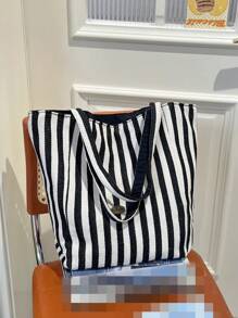 1 Bolso de hombro de diseño de doble cara con estilo de Doncella, bolso grande para niños, bolso de estudiante de gran capacidad, bolsa de tutoría, bolsa de almacenamiento, bolsa casual portátil, adecuada para compras, fiestas, vacaciones, eventos festivos, entretenimiento y otras ocasiones. Decoración con parche de letra y rayas de contraste de color, un regalo perfecto para chicas jóvenes, estudiantes adolescentes, etc.