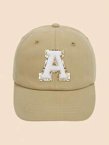 1Pc Toddler Kids Baseball Cap 1-5Y - Khaki Solid Adjustable Hat With A-Z Sequin Embroidered Letter Patches, Classic Brim Sun Protection Cap For All Seasons Daily Outdoor - Khaki - View 9