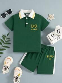 2 件套男童休闲户外时尚字母印花半开领常规版型短袖 Polo 衫和短裤套装，夏季 - 綠色 - 查看 1