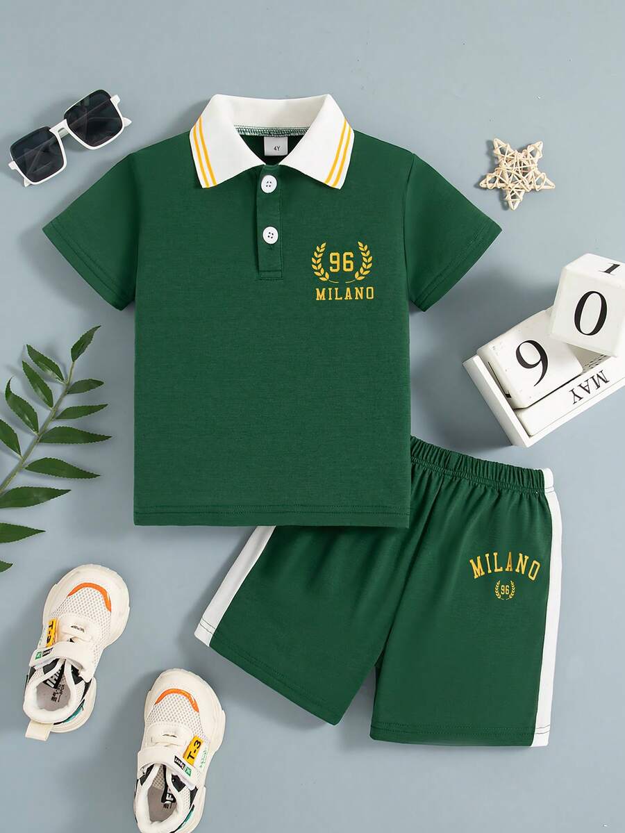 2 件套男童休闲户外时尚字母印花半开领常规版型短袖 Polo 衫和短裤套装，夏季 - 綠色 - 查看 1