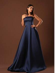 Strapless Party Dress With Cross-Back Closure - Navy Blue - View 2