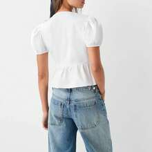 Women's Babydoll Tops Casual Loose Fitting V Neck Open Front Tie-Up Short Sleeve Ruffled Shirt For Summer - White - View 3