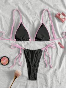Women's Pink Swimsuit, Suitable For Various Occasions From Pool To Beach In Summer, Elegant And Sexy Basic Triangle Bikini Swimwear - Black - View 4