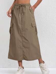 复古美式女式工装裙，轻薄透气面料，多个口袋，A字剪裁，高腰，开衩设计，时尚显瘦