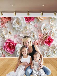 1pc 3D Pink And White Paper Flowers Wall Photography Backdrops Floral Roses Party Banner 59.1*39.4/82.7*59.1/106.3*70.9 Inches Newborn Shower Bridal Wedding Birthday Anniversary Photo Background Indoor Outdoor Romantic Decoration Supplies