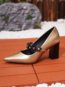 Plus Size Pointed Toe Flower Decor Buckle Sexy Women High Heel Pumps, Gold