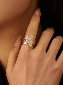 1pc Women's Flower Textured Fashion Personalized Open-Ended Adjustable Ring, Suitable For Party & Daily Wear - Yellow Gold - View 4