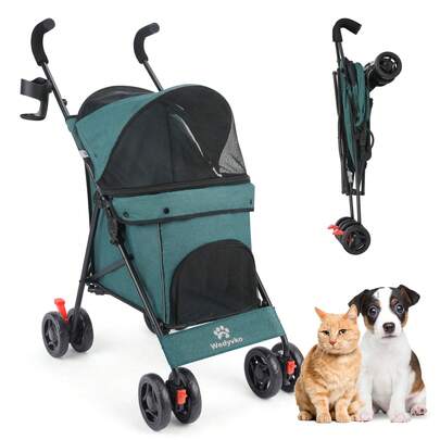 Wedyvko Cochecito  de 4 ruedas para perros y gatos pequeños y medianos, ligero y plegable, ideal para correr, viajar o ir al centro comercial. Carrito de malla transpirable para cachorros con cesta de almacenamiento y portavasos.