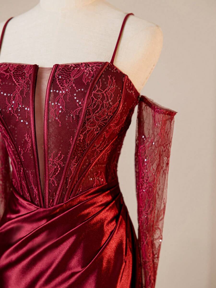 Burgunderrotes Abendkleid mit Spaghettiträgern, Kontrast-Spitze und Meerjungfrauenschnitt, elegant für formelle Anlässe wie Abschlussball, Dinner