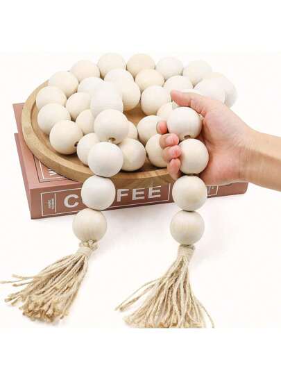 Guirnalda de cuentas de madera grandes de 1,6 pulgadas de diámetro con borlas, cuentas decorativas boho para decoración del hogar, guirnalda rústica de 39 pulgadas de largo de cuentas de madera de estilo granja para decoración de bandejas escalonadas, decoración del hogar, decoración de habitaciones, decoración de pared