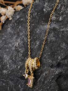 1pc 18K Gold Stainless Steel Chain Tassel Square Pendant Necklace For Women, Sweet & Chic Minimalist Design, Suitable For Daily Office Wear, Gift