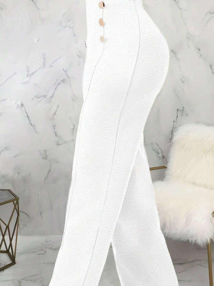 UREREM 女士休闲高腰金属扣装饰直筒轻薄长裤，针织面料，200克，显瘦，四季皆宜，优质白色 - 白色 - 查看 1