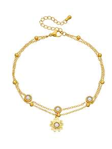 2-Layer Faux Pearl Flower Charm Anklet - Double-layer Anklet With Pearl Flower Pendant - View 6