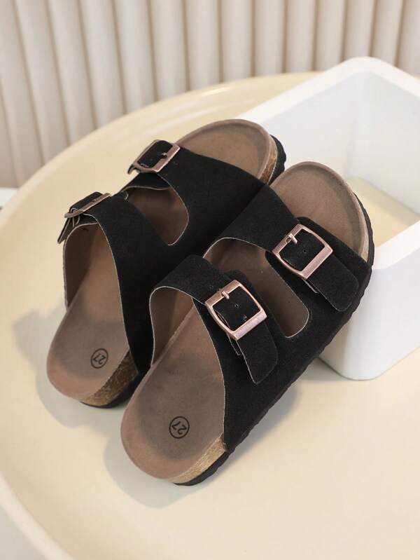 1 par de chanclas casuales de playa con puntera redonda, de unicolor, de corcho suave y PU antideslizante, adecuadas para el verano