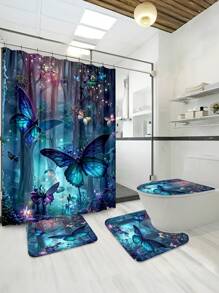 1/4 Pcs Butterfly Printed Bathroom Shower Curtain Set, Fashion Bathroom Decoration, Waterproof Fabric Shower Curtain Set With 12 Hooks, Anti-Slip Bathroom Mat, U-Shaped Toilet Seat Cover Bathroom Accessories