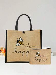 可爱蜜蜂手提包套装：轻便购物袋，带迷你零钱包。旅行化妆包：户外化妆的完美之选！送给母亲、老师、朋友的绝佳礼物，可用作便携休闲收纳袋、运动装饰包、礼品袋、化妆包、教师节礼物、可重复使用的化妆包。