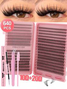 640/180簇DIY假睫毛嫁接套装，混合款式，10D、20D自然猫眼和洋娃娃妆，C&D卷度，长度10-16毫米，可重复使用，含胶水，新手友好 - 大容量睫毛册和旅行套装可选 - 粉色 - 查看 4