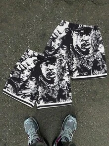 Men's Fashionable Cartoon Character Print Drawstring Waist Shorts - Multicolor - View 2