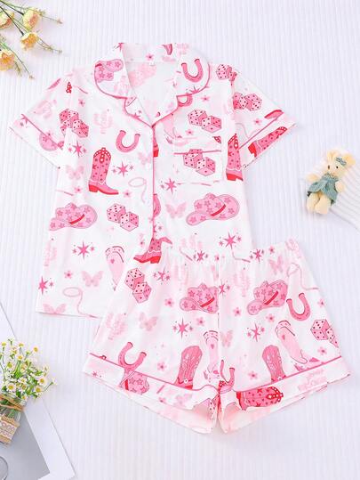 2pcs Western Pattern Printed Sleepwear Set For Women, Short Sleeve Shirt Collar Button-Up Top And Elastic Waist Loose Shorts, Elegant And Fashionable Outfit For Festivals, Parties, Casual Indoor/Outdoor Wear