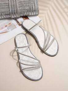 女士圆头多带水晶装饰帆布印花平底拖鞋凉鞋，适合派对、日常穿着、旅行