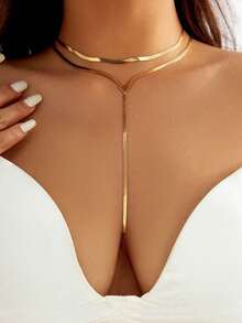 1pc Creative Serpentine Bone Tassel Double Layer Necklace, Fashion Niche Design Necklace For Women - Gold - View 4