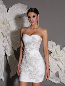 Bandage Dress With 3D Floral Sequin Accent, Sexy Bodycon Party Gown For European & American Style, White, Wedding Guest Dress, For Cocktail