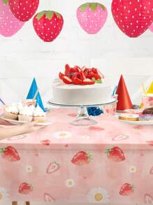 1Pc Strawberry Theme Disposable Tablecloth, 137*274cm PE Table Cover, Strawberry Birthday Party Wedding Bridal Shower Table Decoration, BabyShower Gender Reveal Party Decor, Home Decor, Table Decor, Party Tablecloth, Summer Party Decor