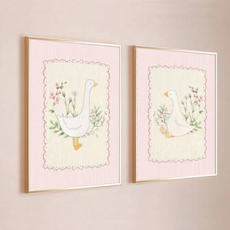 1/2pcs Unframed Pink Silly Goose Nursery Poster Canvas Print Neutral Minimalist Cute Farmhouse Animal Baby Girls Room Wall Art Decor Painting For Kids Room,Playroom,Bedroom,Modern Home Decoration