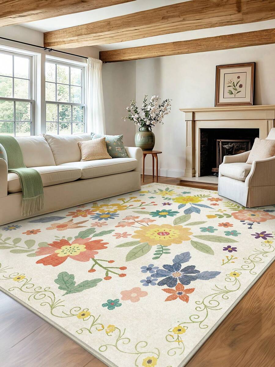 1 Piece Spring Colorful Faux Cashmere Living Room Carpet With Floral Pattern. Soft And Fluffy Area Rugs For Bedroom, Pink Home Decoration, Comfortable To The Touch, Non-Slip Washable Foldable Area Rug. It Can Be Used As Living Room Rug, Bedroom Rug, Hallway Doormat, Suitable For Different Seasons And Various Occasions In Spring, Summer, Autumn And Winter. - Beige - View 1