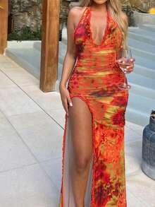 Floral Print Lace Patchwork Halter Neck Split Hem Summer Dress, Suitable For Valentine's Day - Orange - View 1