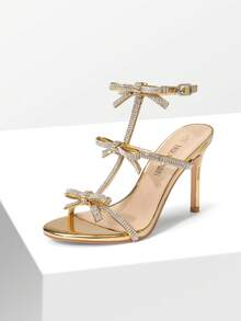 Women Wide Fit Crystal Bowknots High Stilettos Fashion Sexy Open Toe Ankle Strap Heeled Sandals For Party Wedding Prom - Gold - View 4