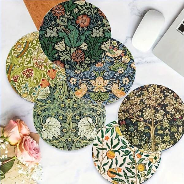 6pcs/Set Artistic Botanical Wood Coasters - Heat Resistant, Decorative Drink Mats Suitable For Home And Cafe, Gift Idea