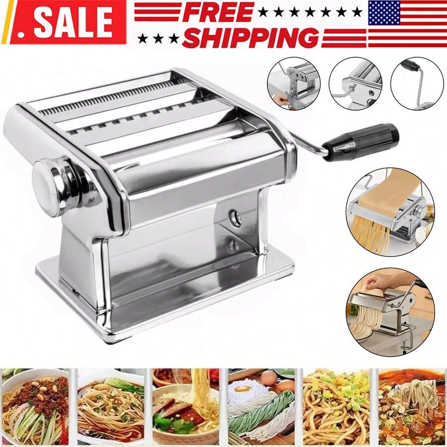 Stainless Steel Fresh Pasta Maker Roller Machine, With Adjustable Thickness Settings,Perfect For Homemade Spaghetti Fettuccini Noodles And Lasagna,Includes Removable Handle And Clamp (Silver) - Bạc - Xem 1