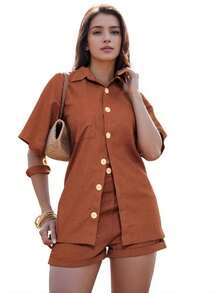 Linen Set / Shirt And Shorts / With Elastic Waistband - Maroon - View 2