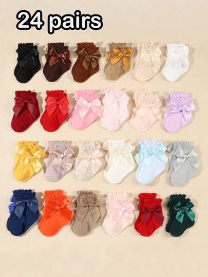 24Pairs Baby Bow Socks, Suitable For 0-3 Years Old, Mid-Calf, Non-Binding, Spring/Autumn