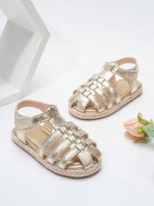 1 Pair Classic Gold Girls Shoes, Braided Design, Versatile & Fashionable, Cute Baby Sandals, Princess Style Toddler Shoes, Children Round Toe Soft Bottom Shoes, Suitable For Spring, Summer, Autumn - Gold - View 2