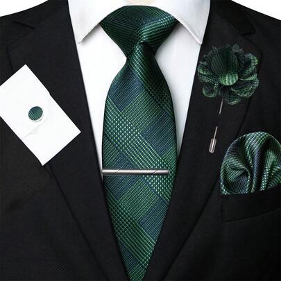 男士1/2/3/4/5件套，包含真丝条纹领带、银色领带夹、口袋巾、袖扣和胸花。经典条纹图案与西装和燕尾服完美搭配，让您在任何场合都脱颖而出。适用于商务、庆典、婚礼、正式活动、休闲派对、特殊场合等。是父亲节、周年纪念、生日等场合的理想礼物。男士领带