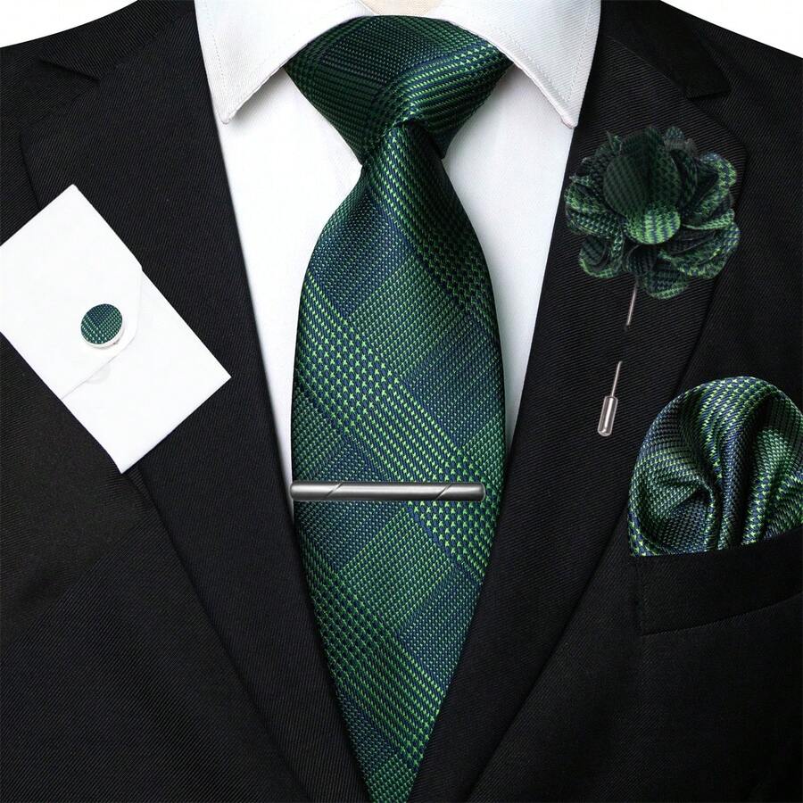 男士1/2/3/4/5件套，包含真丝条纹领带、银色领带夹、口袋巾、袖扣和胸花。经典条纹图案与西装和燕尾服完美搭配，让您在任何场合都脱颖而出。适用于商务、庆典、婚礼、正式活动、休闲派对、特殊场合等。是父亲节、周年纪念、生日等场合的理想礼物。男士领带 - 綠色 - 查看 1