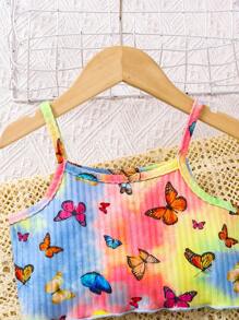 Conjunto de camisa sin mangas y pantalones cortos con estampado de mariposas y teñido anudado para niñas, nuevo conjunto de ropa casual de verano, conjunto de ropa de bebé y niña pequeña con chaleco de tirantes estampado floral