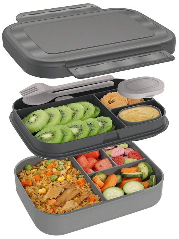 Boîte à lunch Bento classique - Boîte-repas étanche à compartiments multiples empilables avec pot à sauce, capacité de 5,8 tasses, comprend un set de couverts, fournitures scolaires