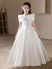 Teens White Elegant Maxi Dress, Middle/Big Girls Birthday Party Wedding Bowknot Formal Gown - 白色 - 查看 2