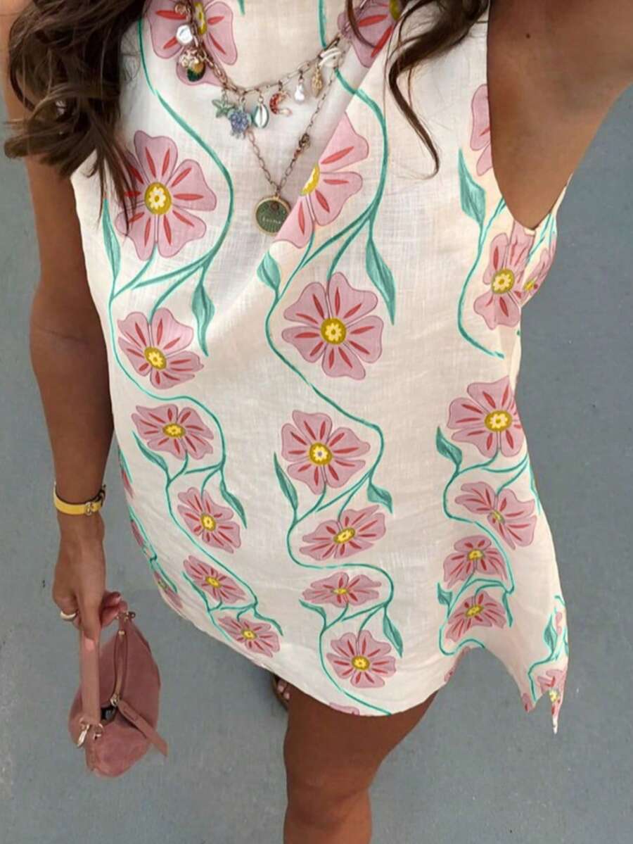Women's Fashion Printed Short Fairy Dress, Perfect For Vacation - Pink - View 1