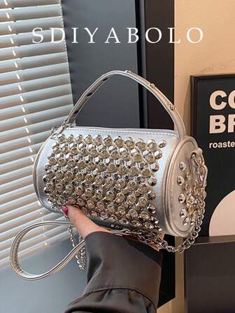 经典个性圆柱包，精致时尚，百搭镶钻宴会手提包，时尚链条，纯色铆钉斜挎包，适合派对、晚宴、街拍、音乐节