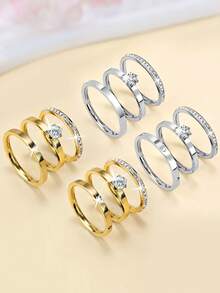 3pcs Set Modern Minimalist Fashion Versatile Sparkling Cubic Zirconia Round Ring Set, Stainless Steel Rings Suitable For Women To Match Daily Outfits And Party Accessories, Great Gift