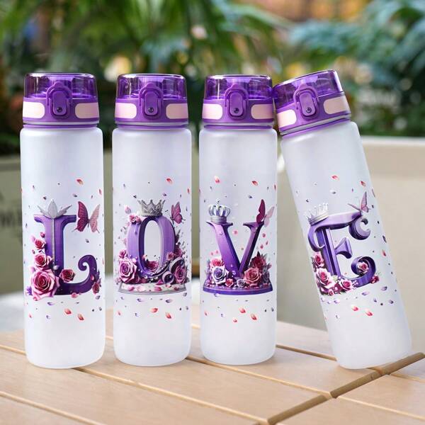 1 pieza Botella de agua deportiva de plástico de 1000 ml/34 oz para exteriores, con estampado de 26 letras, incluye correa trenzada y tapa a prueba de derrames, portátil, linda para mujeres, adecuada para fitness al aire libre, vacaciones, San Valentín, regalos de equipo
